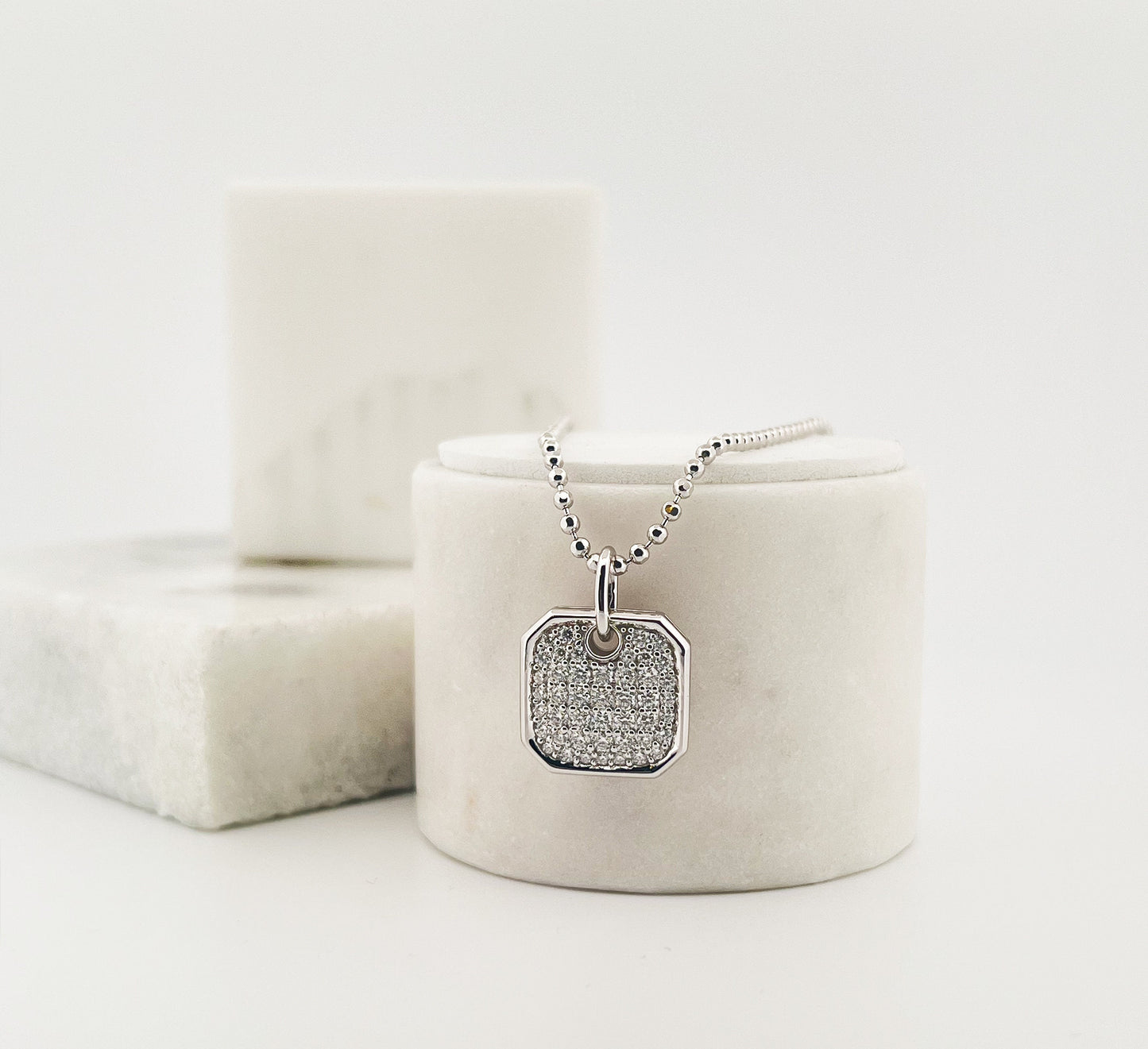Moissanite Pavé Square Pendant Necklace: Rhodium Sterling Silver Dog Tag