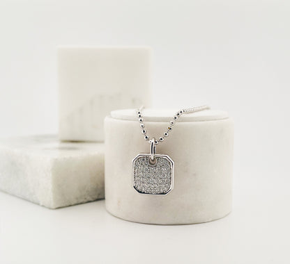 Moissanite Pavé Square Pendant Necklace: Rhodium Sterling Silver Dog Tag